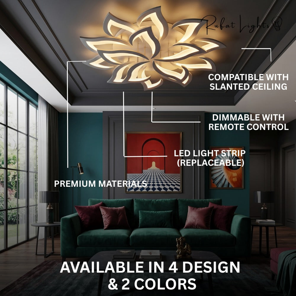 Modern Acrylic Iron Flower Chandelier Lamp features: compatible with slanted ceiling, dimmable with remote control, LED light strip (replaceable), premium materials, available in 4 designs and 2 colors