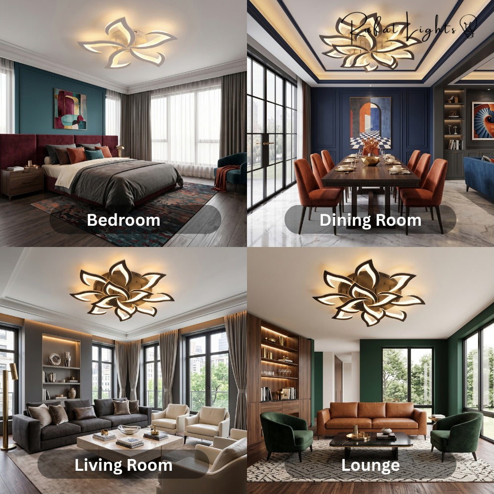 Modern Acrylic Iron Flower Chandelier Lamp shown in a bedroom, dining room, living room and lounge