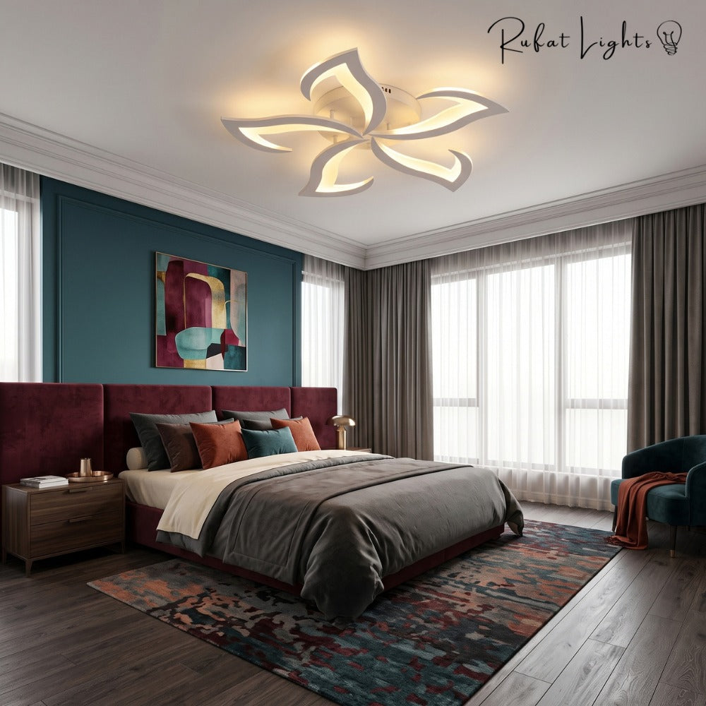 Modern Acrylic Iron Flower Chandelier Lamp above a bed