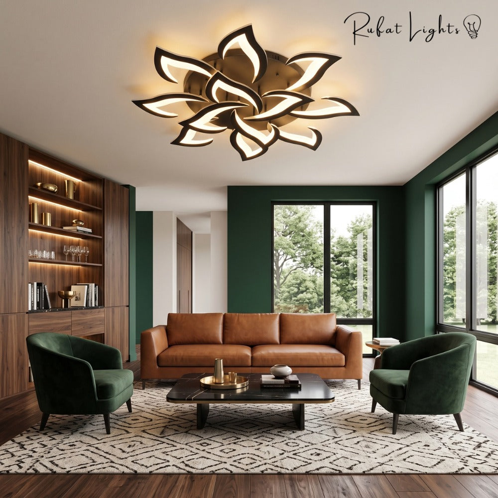 Modern Acrylic Iron Flower Chandelier Lamp in a living room with green walls