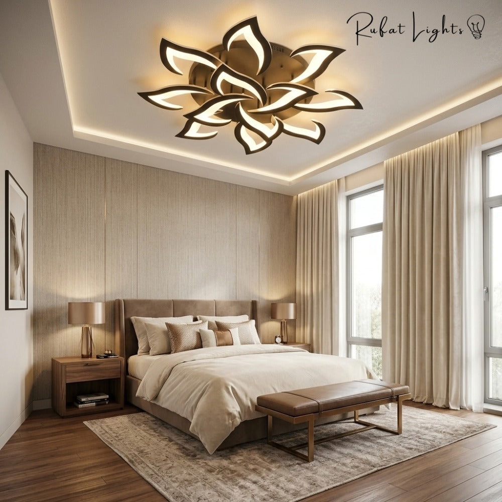 Modern Acrylic Iron Flower Chandelier Lamp above a bed