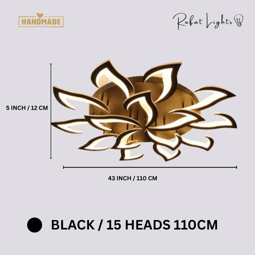 Modern Acrylic Iron Flower Chandelier Lamp Black 15-Heads 110cm dimensions: 43 in (110 cm) wide, 5 in (12 cm) high