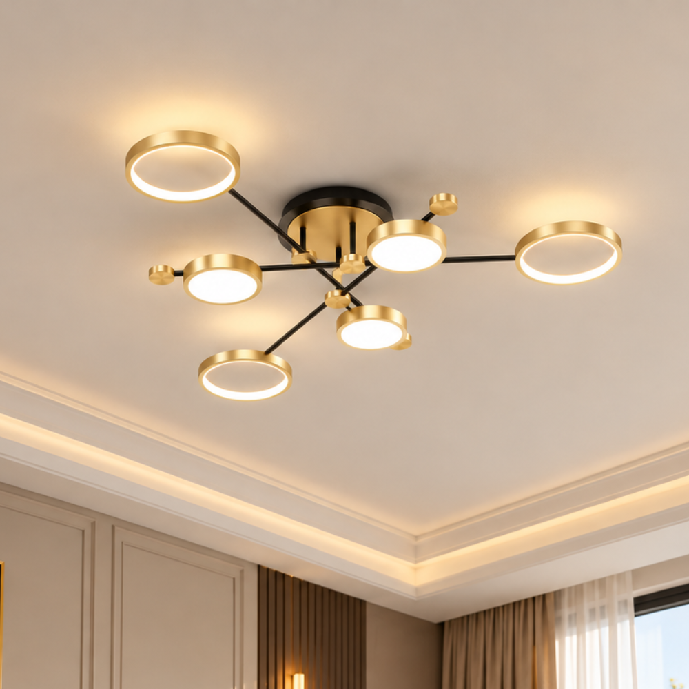 Modern Aluminum Ring Gold Frame LED Chandelier gold version on a white ceiling