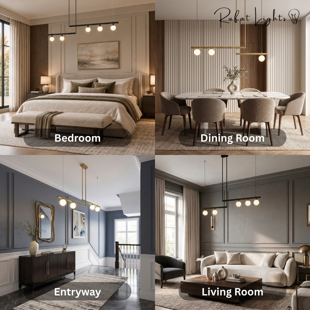 Modern Branch Globe Pendant Minimalist Light Chandelier shown in a bedroom, dining room, entryway and living room