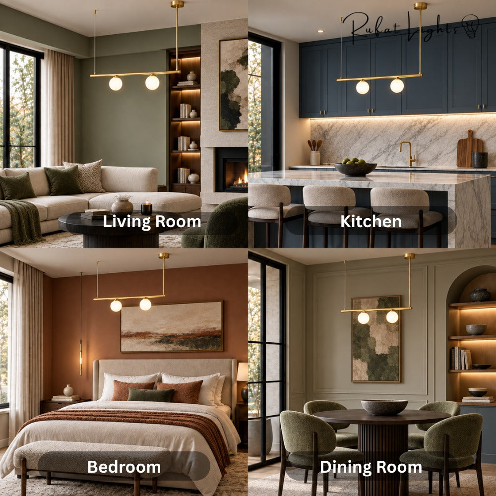 Modern Branch Globe Pendant Minimalist Light Chandelier shown in a living room, kitchen, bedroom and dining room