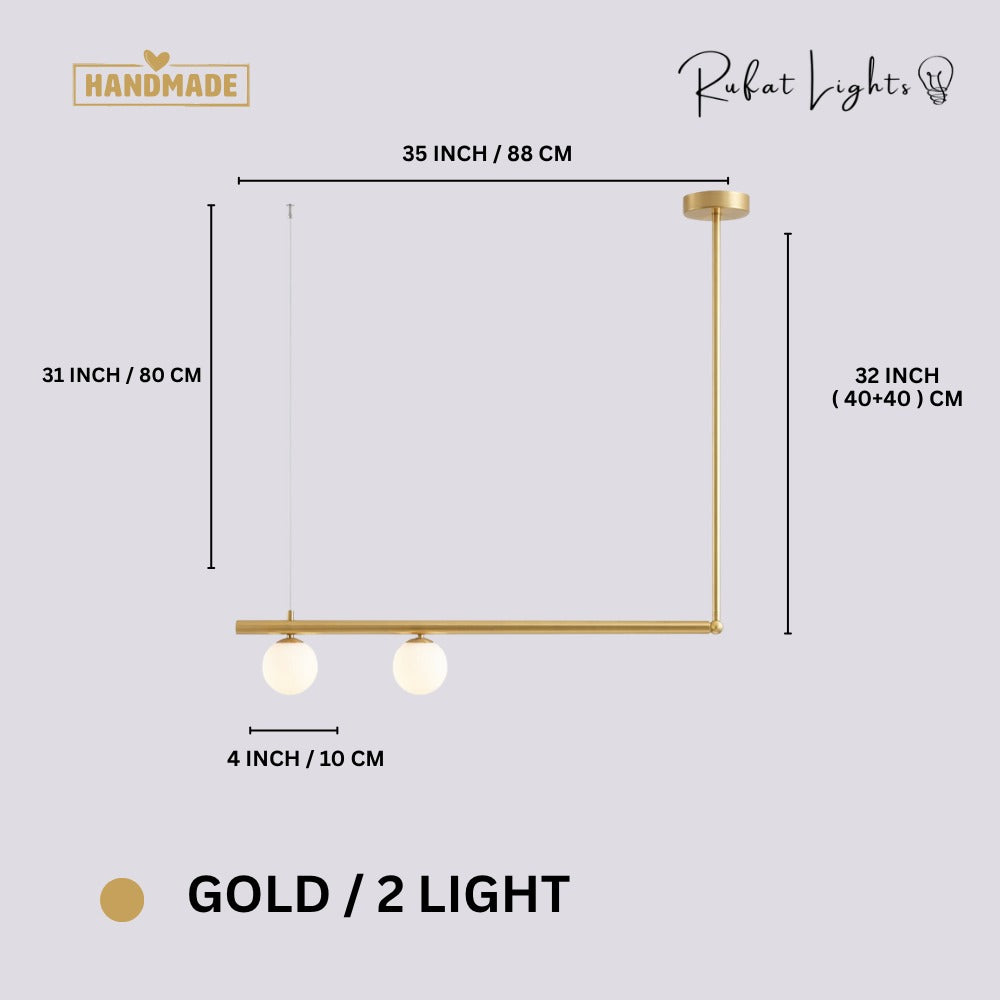 Modern Branch Globe Pendant Minimalist Light Chandelier Gold 2 Lights dimensions: 35 in (88 cm) wide, 31 in (80 cm) high