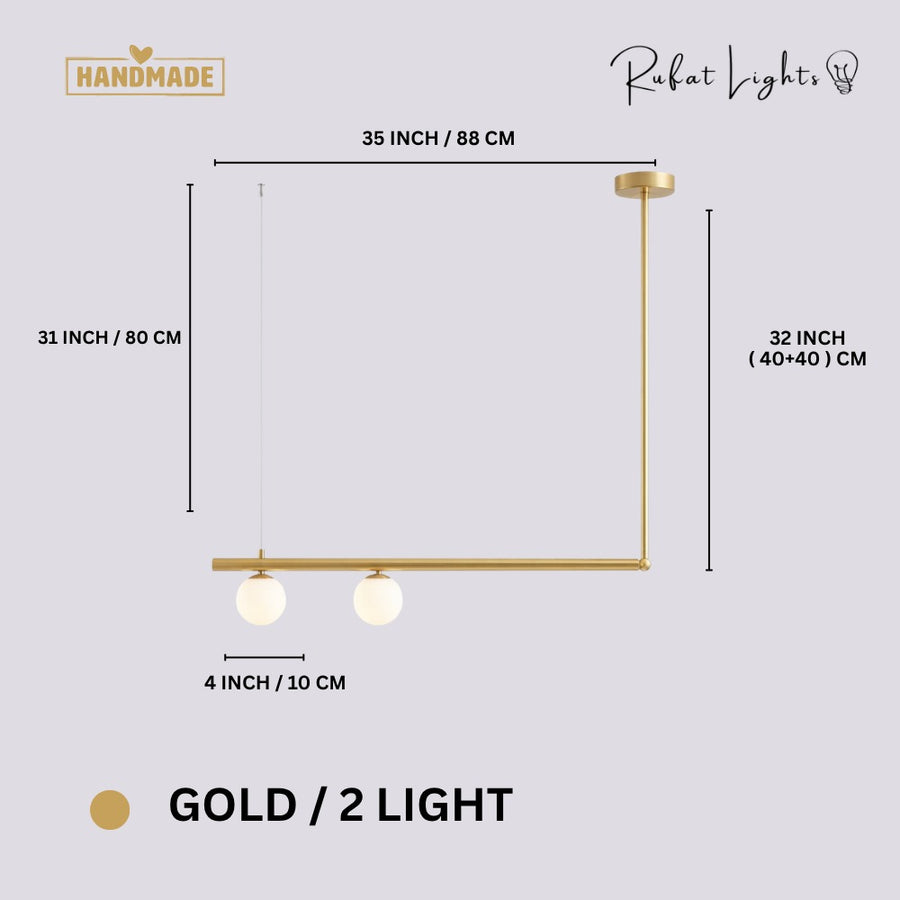 Modern Branch Globe Pendant Minimalist Light Chandelier Gold 2 Lights dimensions: 35 in (88 cm) wide, 31 in (80 cm) high