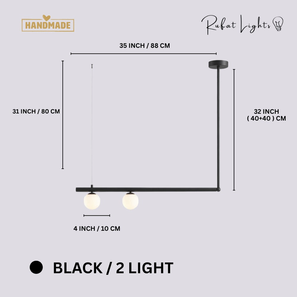 Modern Branch Globe Pendant Minimalist Light Chandelier Black 2 Lights dimensions: 35 in (88 cm) wide, 31 in (80 cm) high