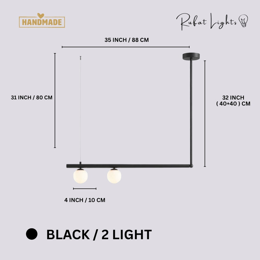 Modern Branch Globe Pendant Minimalist Light Chandelier Black 2 Lights dimensions: 35 in (88 cm) wide, 31 in (80 cm) high