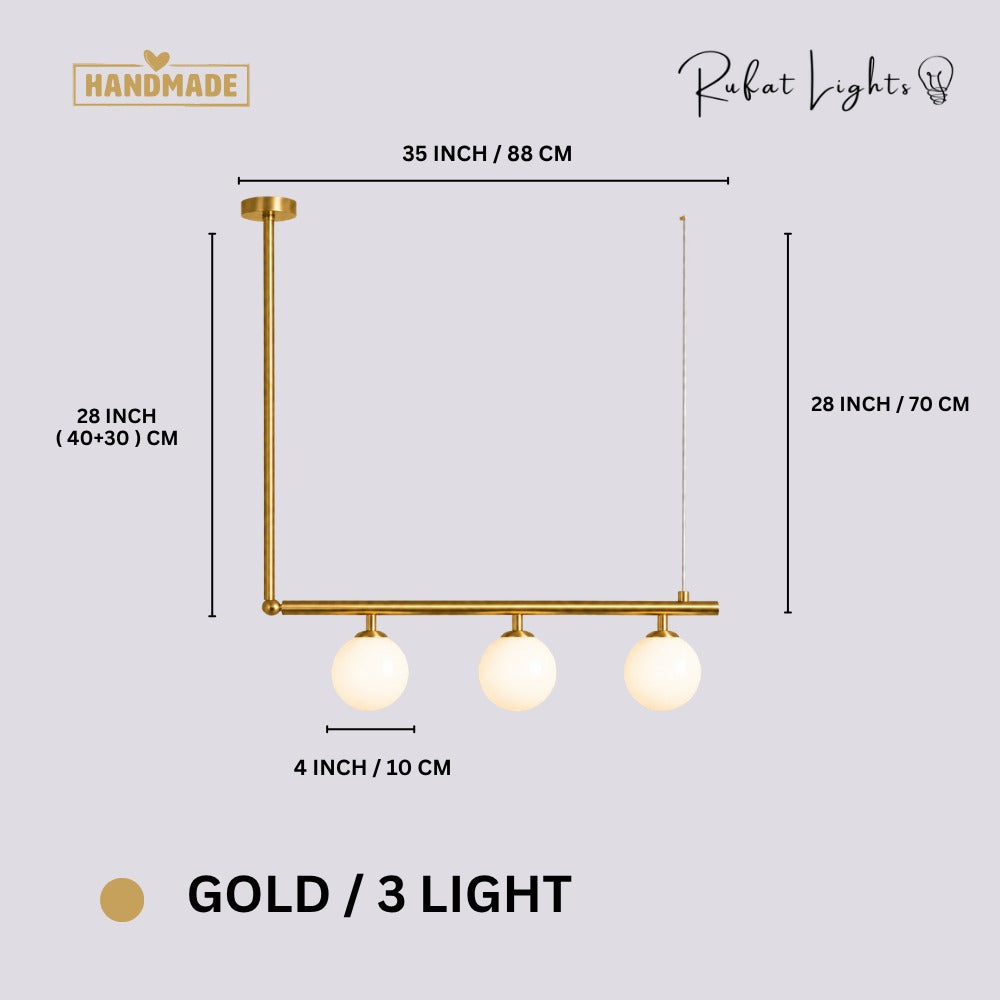 Modern Branch Globe Pendant Minimalist Light Chandelier Gold 3 Lights dimensions: 35 in (88 cm) wide, 28 in (70 cm) high
