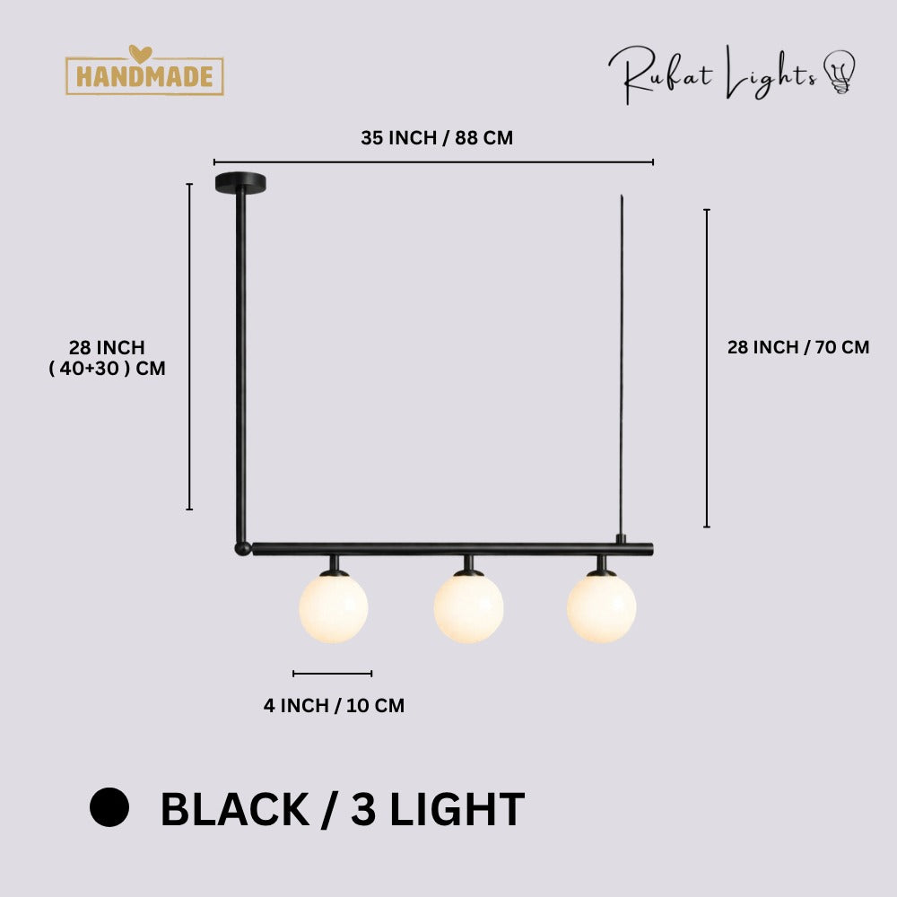 Modern Branch Globe Pendant Minimalist Light Chandelier Black 3 Lights dimensions: 35 in (88 cm) wide, 28 in (70 cm) high