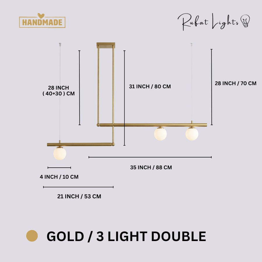 Modern Branch Globe Pendant Minimalist Light Chandelier Gold 3 Lights Double dimensions: 21 in (53 cm) + 35 in (88 cm) wide, 31 in (80 cm) high