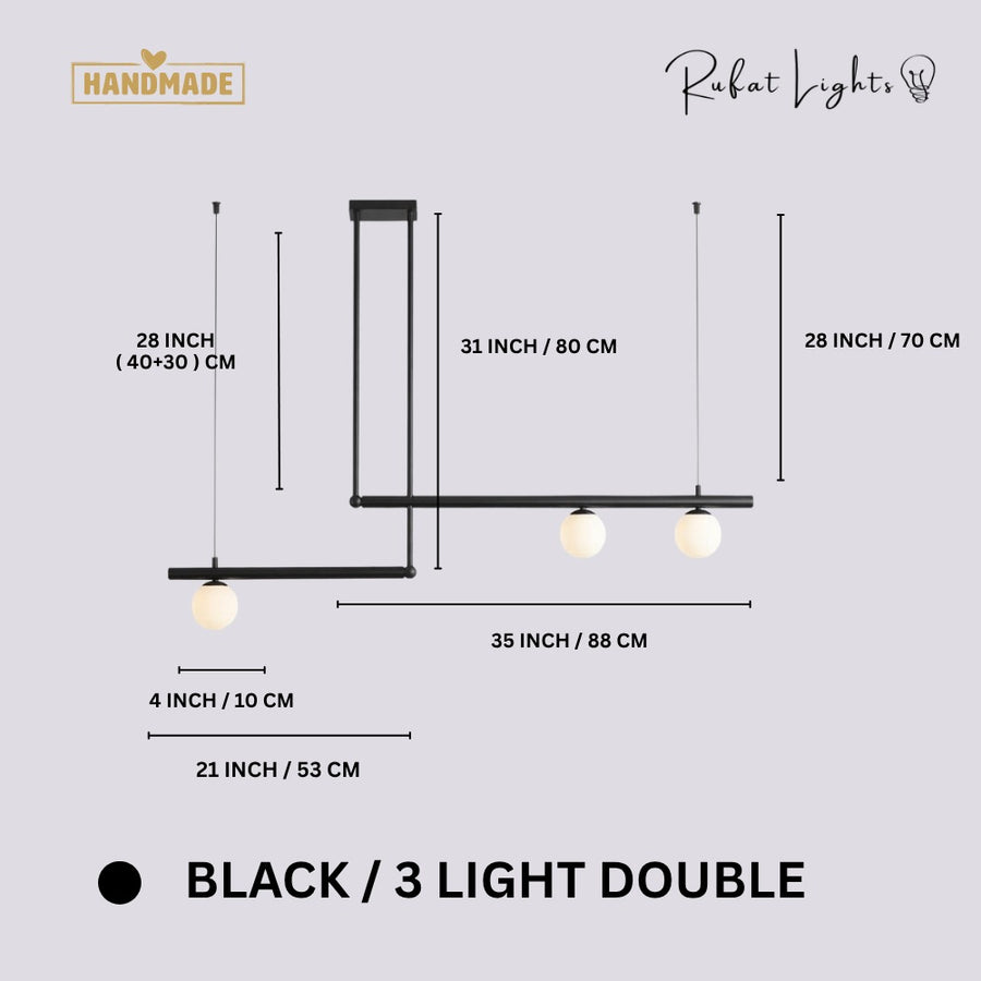 Modern Branch Globe Pendant Minimalist Light Chandelier Black 3 Lights Double dimensions: 21 in (53 cm) + 35 in (88 cm) wide, 31 in (80 cm) high