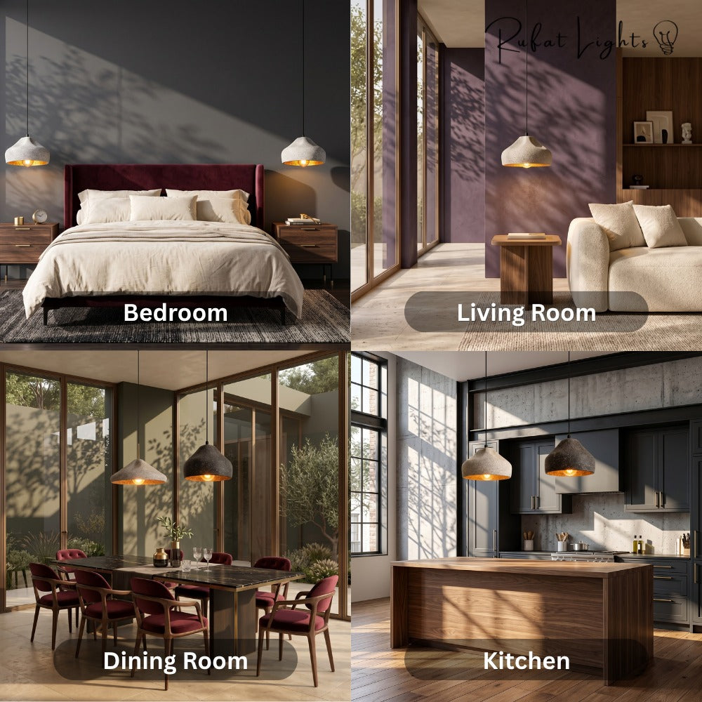 Modern Cement Iron Industrial Style Pendant Light shown in a bedroom, living room, dining room and kitchen