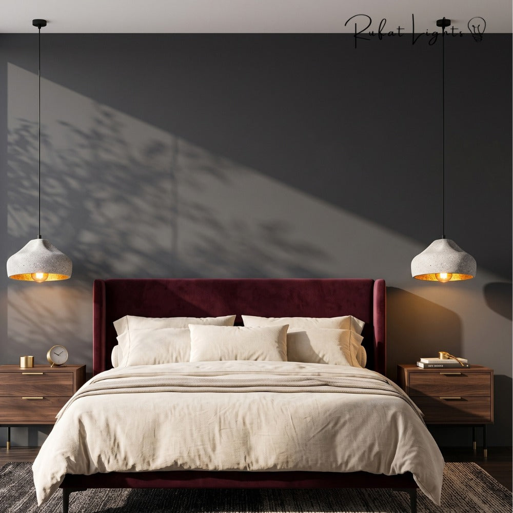 Modern Cement Iron Industrial Style Pendant Light pair beside a bed
