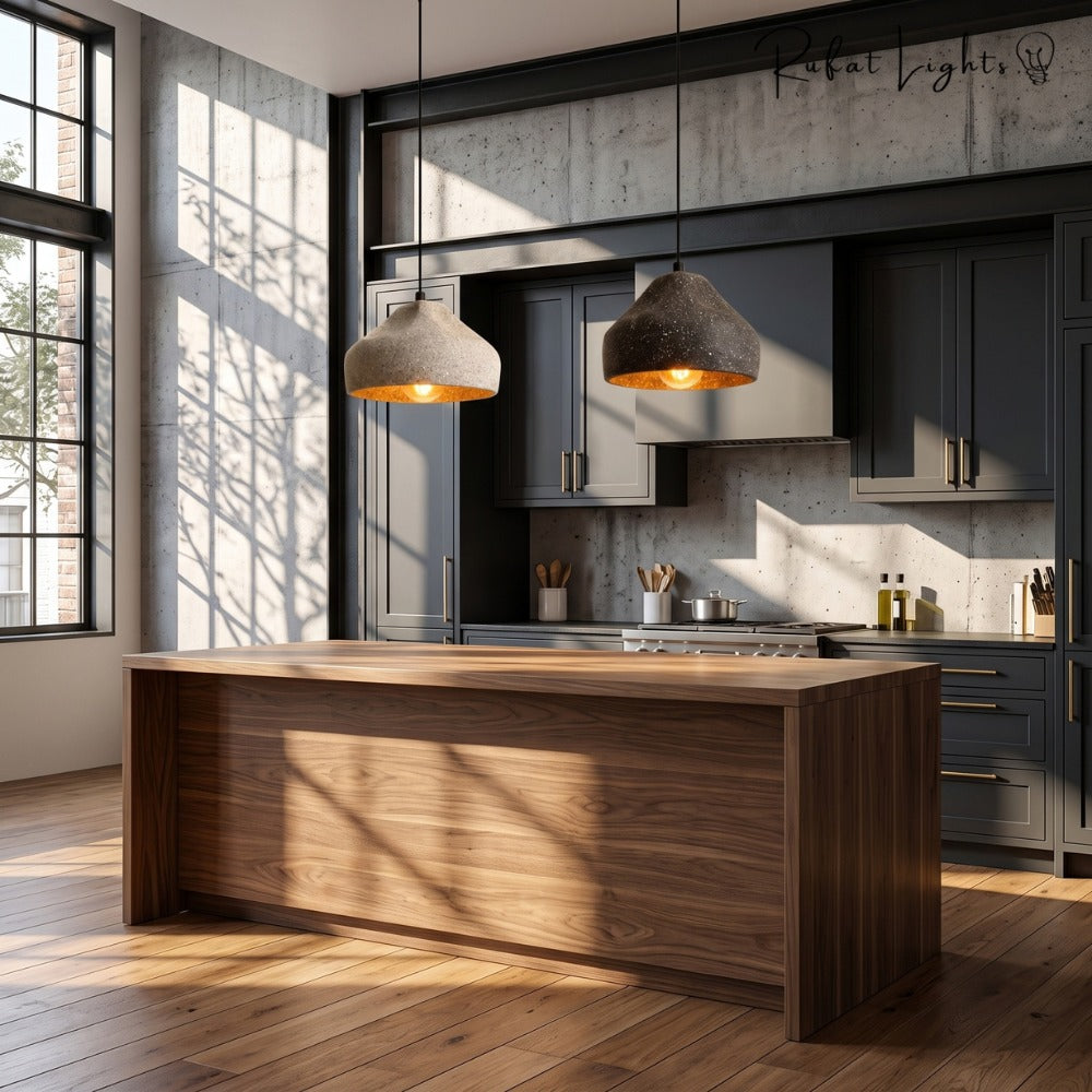 Modern Cement Iron Industrial Style Pendant Light pair over a kitchen island