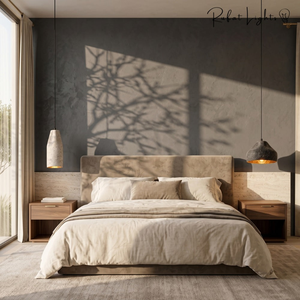 Modern Cement Iron Industrial Style Pendant Light pair in a bedroom