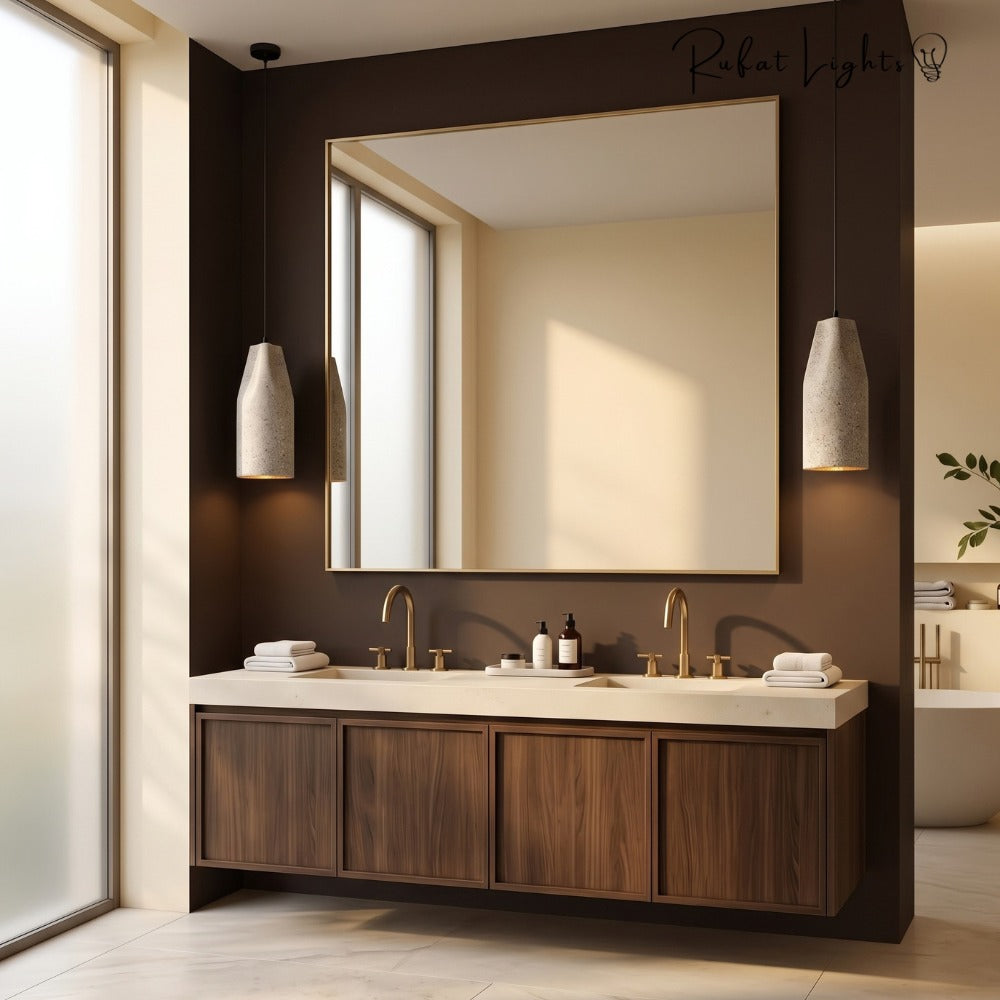 Modern Cement Iron Industrial Style Pendant Light pair in a bathroom