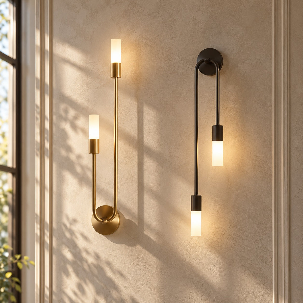 Modern Copper U-Shape Luster LED Wall Lamp Gold and Black pair on a sunlit wall