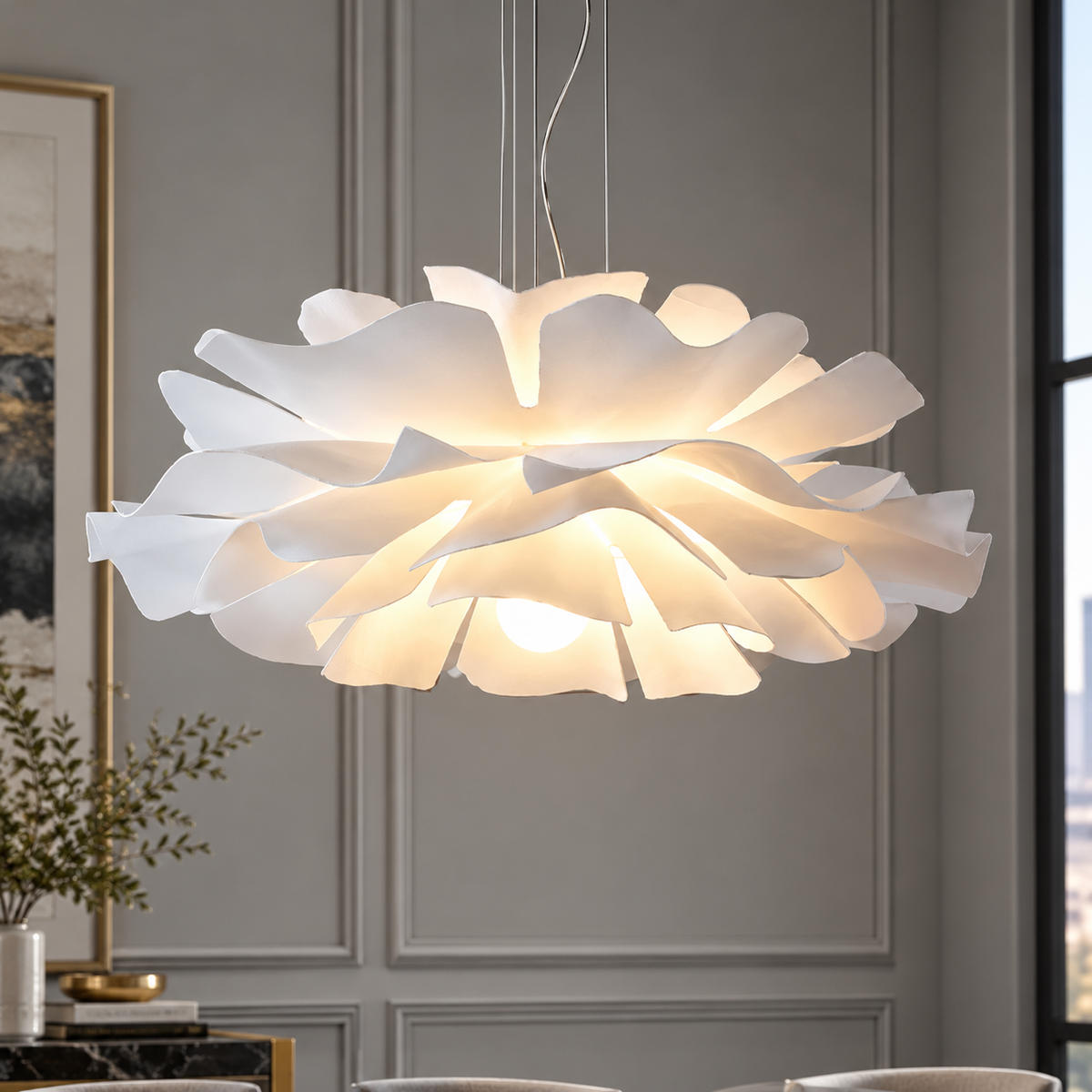 Modern Creative Cloud Flower Chandelier white cloud flower chandelier glowing in a grey panelled living room