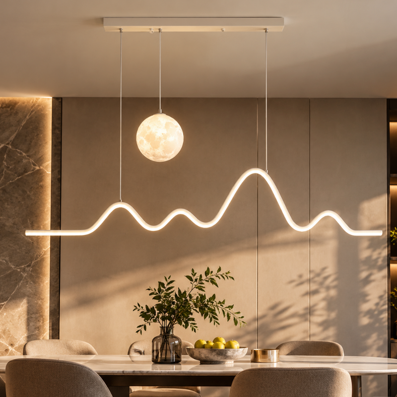 Modern Creative Moonlight Strip Chandelier wave LED strip pendant with moon globe over a dining table