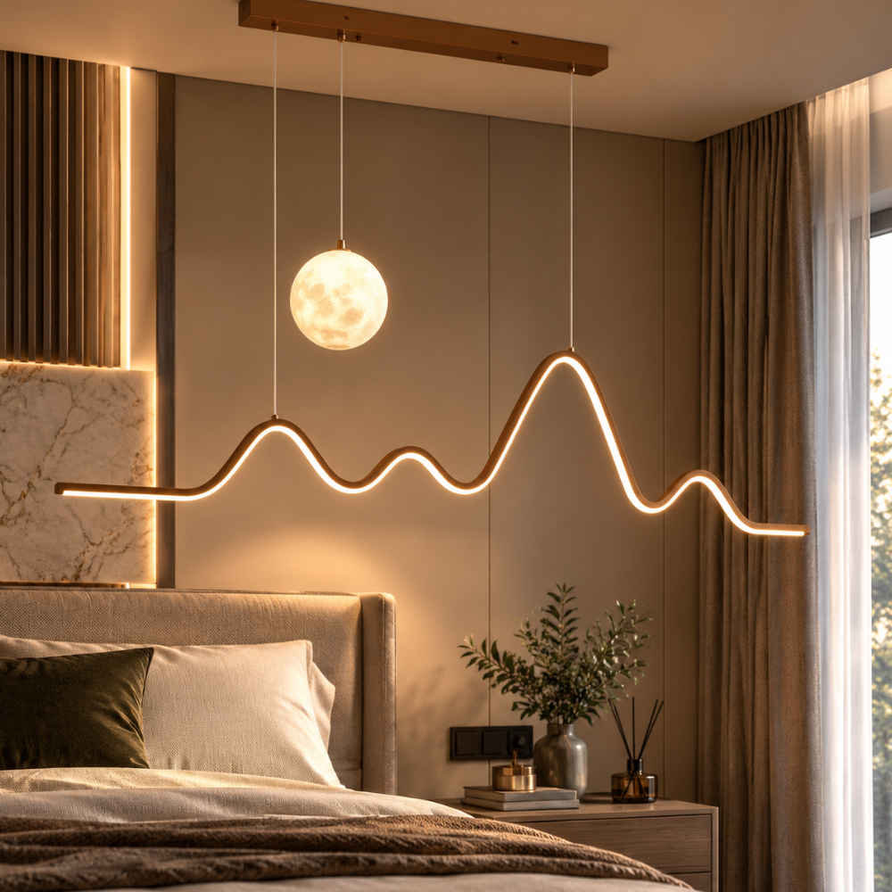 Modern Creative Moonlight Strip Chandelier gold version in a bedroom