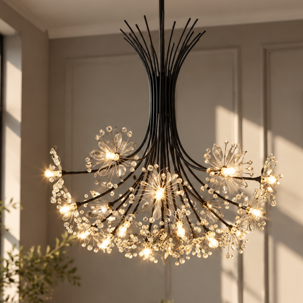 Modern Crystal Ceiling LED Chandelier Lamp black dandelion crystal chandelier in a living room