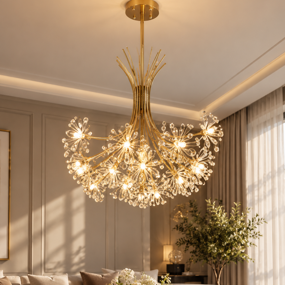 Modern Crystal Ceiling LED Chandelier Lamp gold version in a bright living room