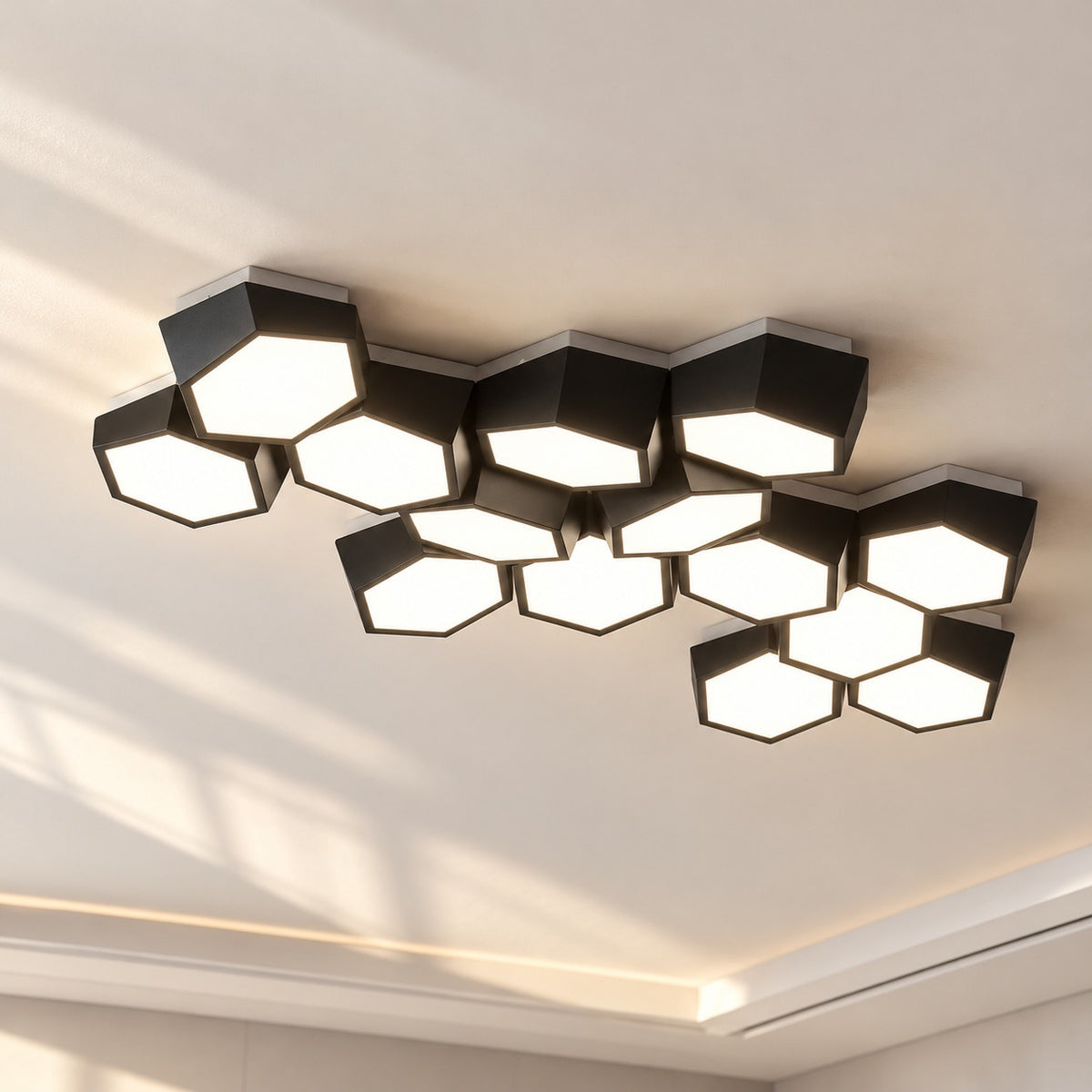 Modern Geometry Alloy LED Ceiling Chandeliers Black and White hexagons on a sunlit ceiling