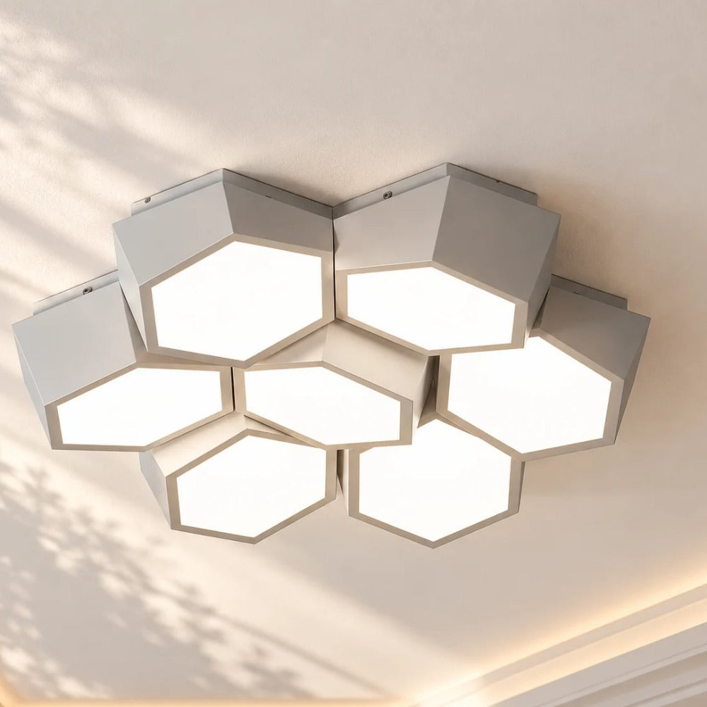 Modern Geometry Alloy LED Ceiling Chandeliers White hexagons on a sunlit ceiling
