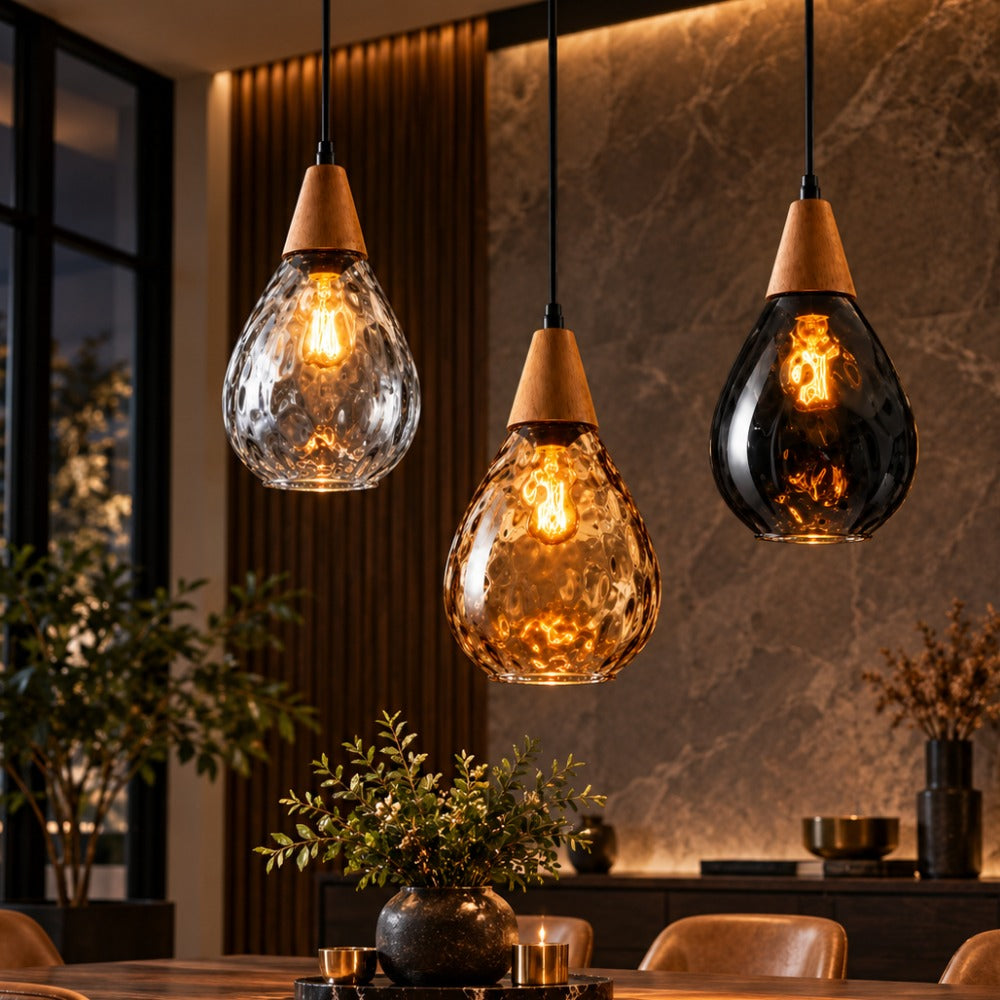 Modern Glass Water Drop Lampshade Pendant lamp trio in clear, amber and smoky