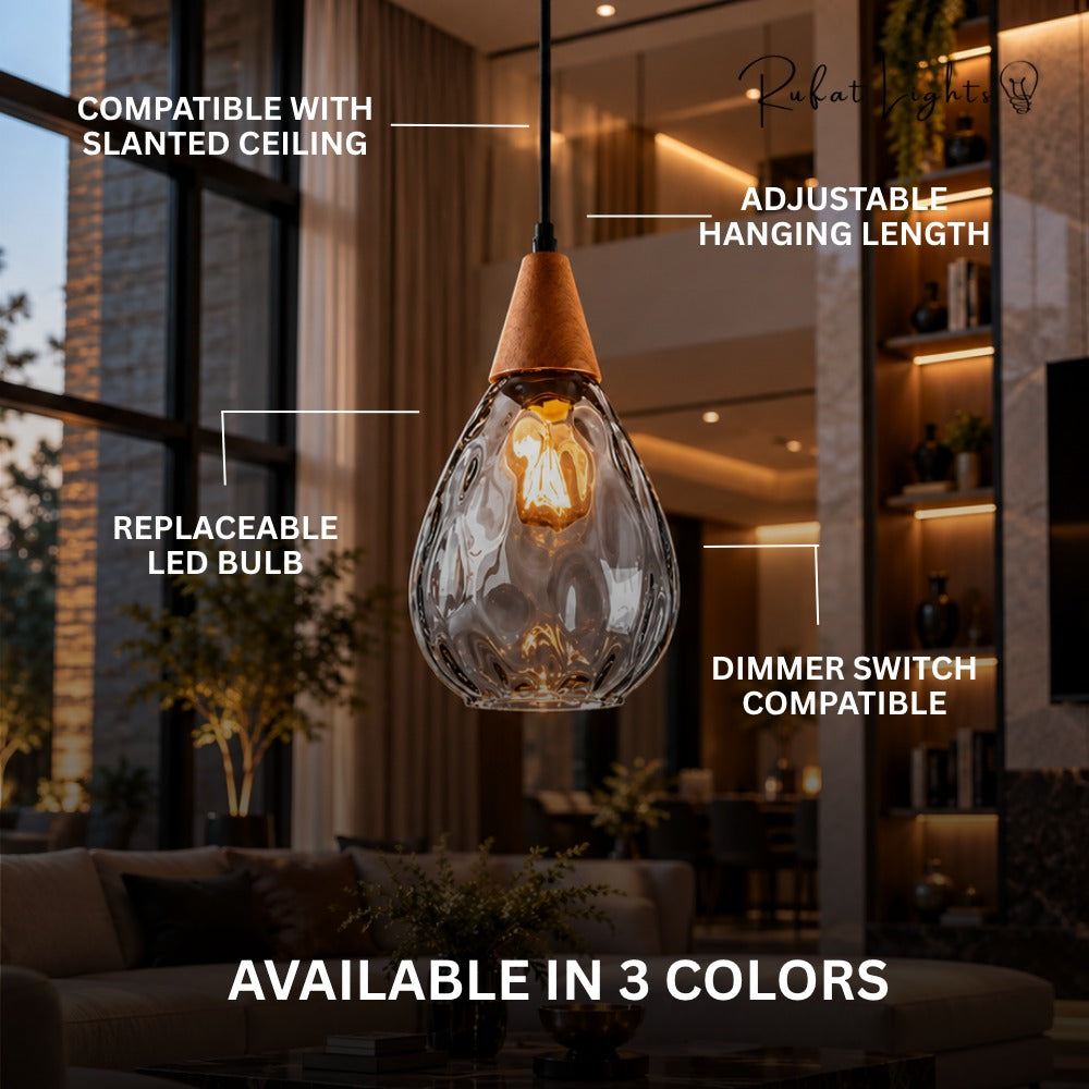 Modern Glass Water Drop Lampshade Pendant lamp features: compatible with slanted ceiling, adjustable hanging length, replaceable LED bulb, dimmer switch compatible, available in 3 colors