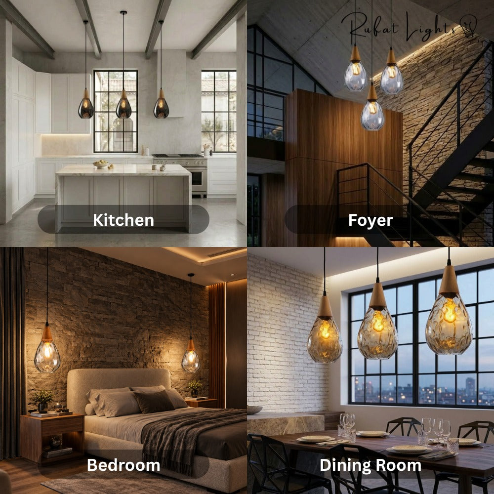 Modern Glass Water Drop Lampshade Pendant lamp shown in a kitchen, foyer, bedroom and dining room