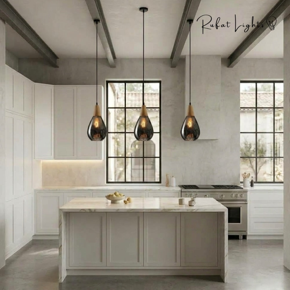 Modern Glass Water Drop Lampshade Pendant lamp trio over a kitchen island