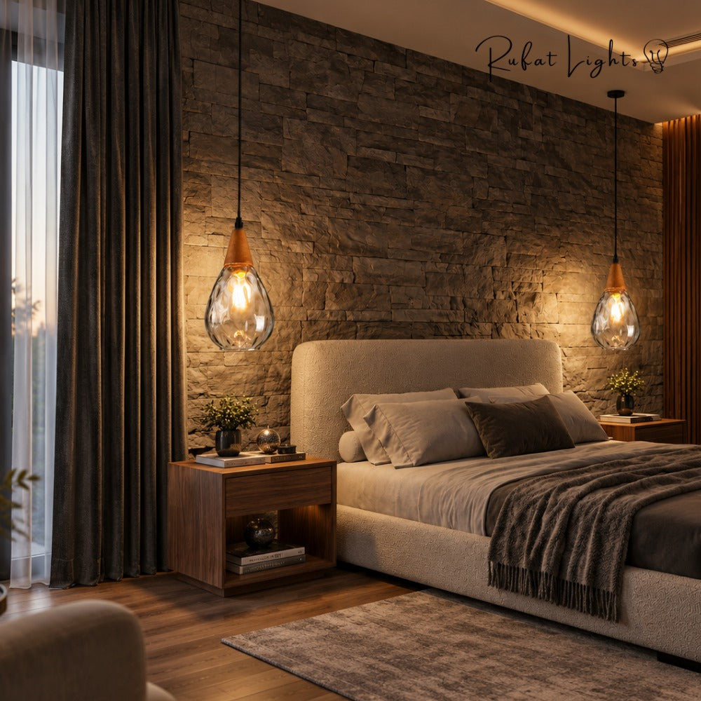 Modern Glass Water Drop Lampshade Pendant lamp pair in a bedroom
