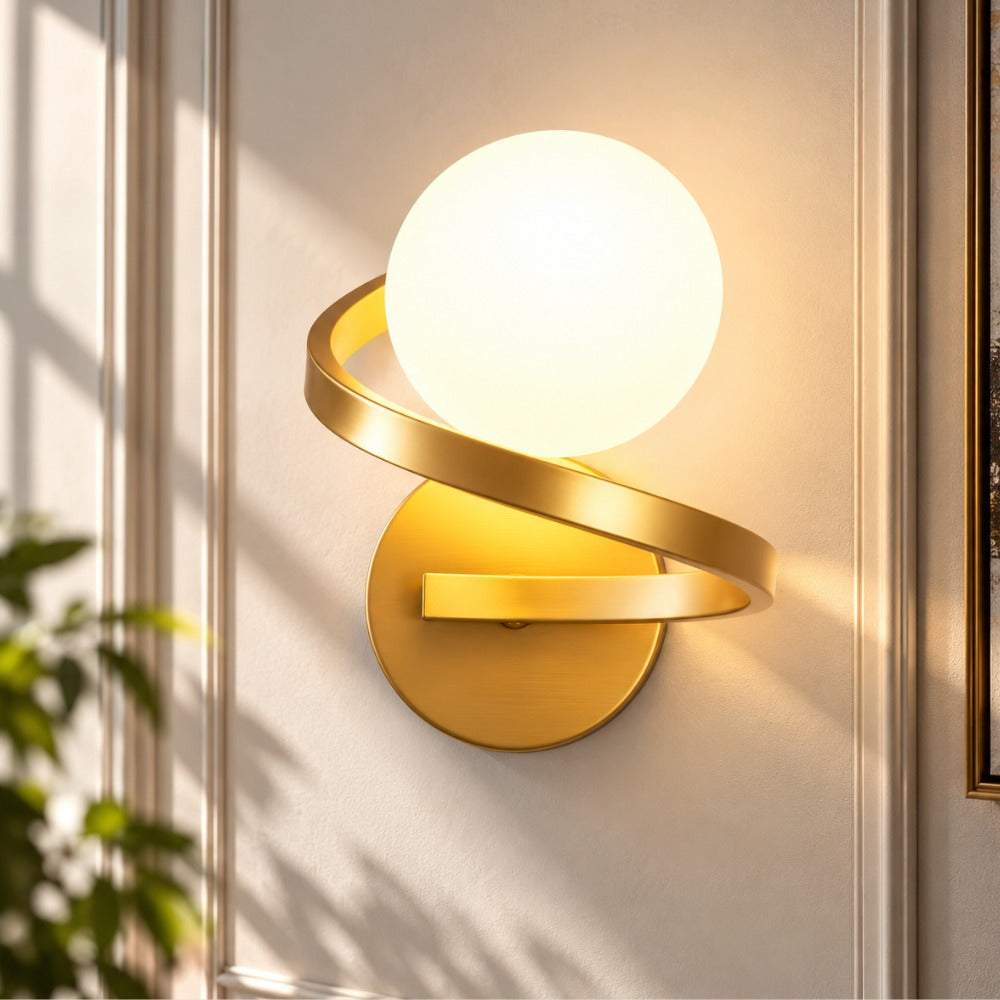 Modern Iron Spiral Line Ball Wall Light Gold spiral with glass globe