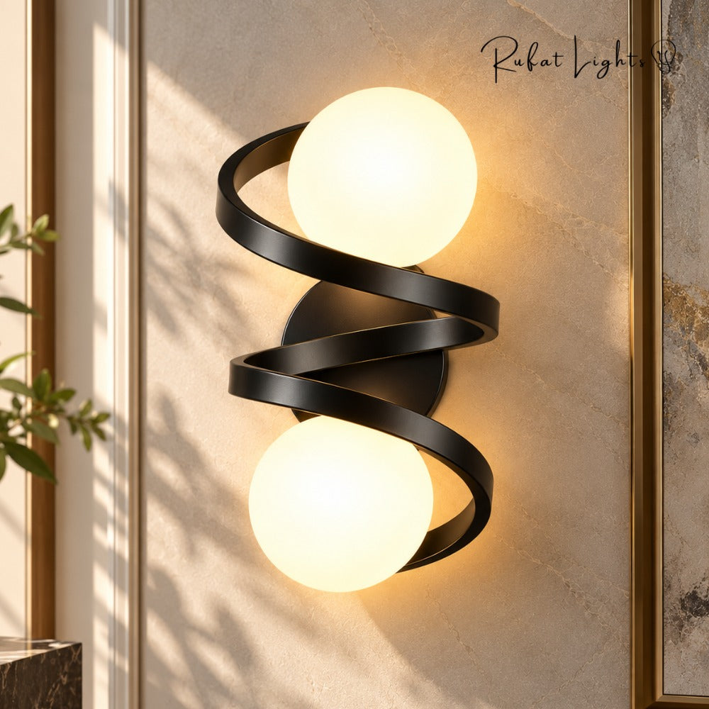 Modern Iron Spiral Line Ball Wall Light Black spiral with two glass globes