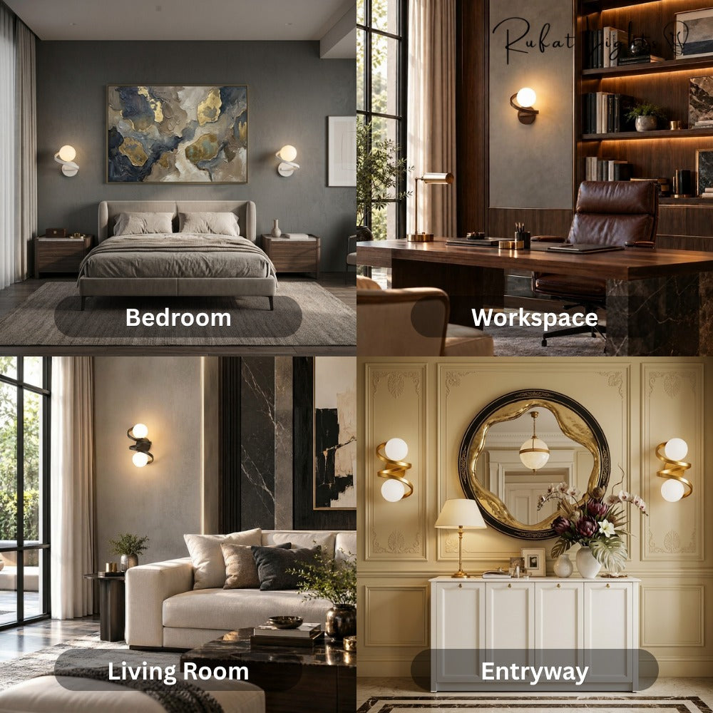 Modern Iron Spiral Line Ball Wall Light shown in a bedroom, workspace, living room and entryway