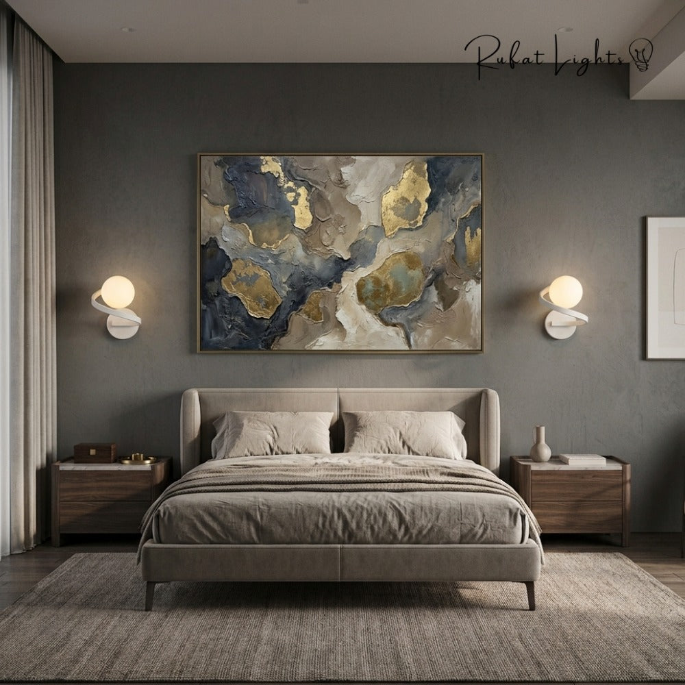 Modern Iron Spiral Line Ball Wall Light beside a bed