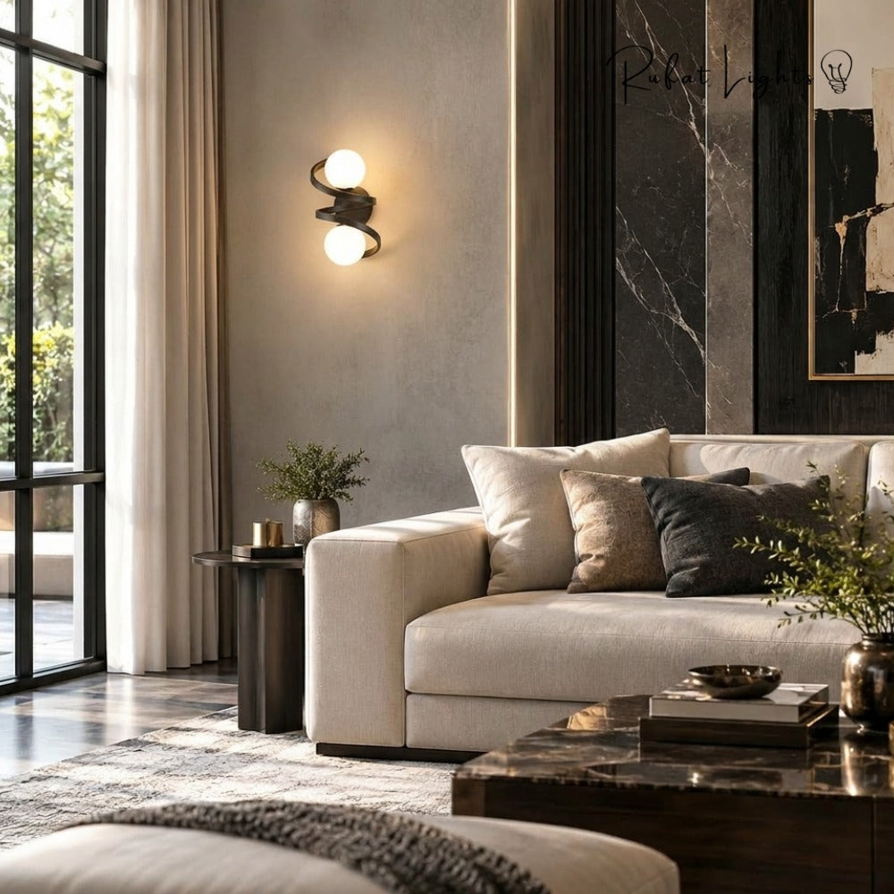 Modern Iron Spiral Line Ball Wall Light in a living room