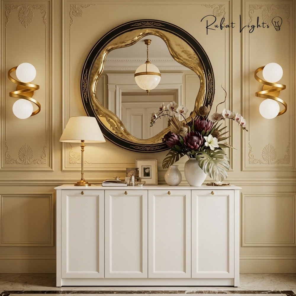 Modern Iron Spiral Line Ball Wall Light pair around a round mirror