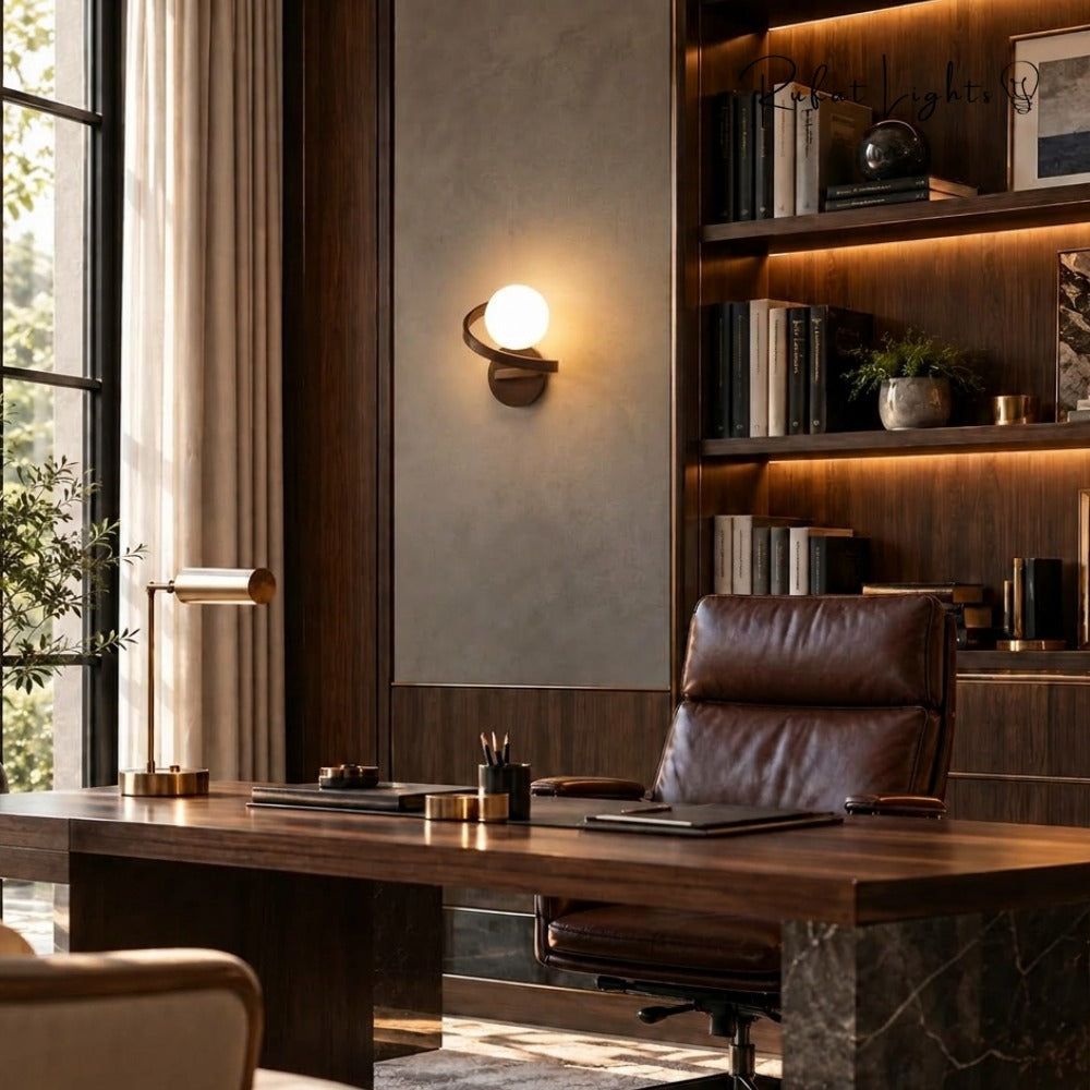 Modern Iron Spiral Line Ball Wall Light in a home office