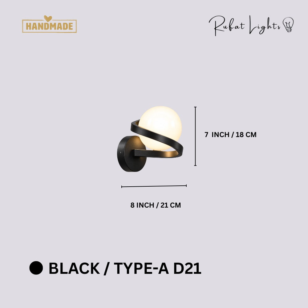 Modern Iron Spiral Line Ball Wall Light Black Type-A D21 dimensions: 8 in (21 cm) wide, 7 in (18 cm) high