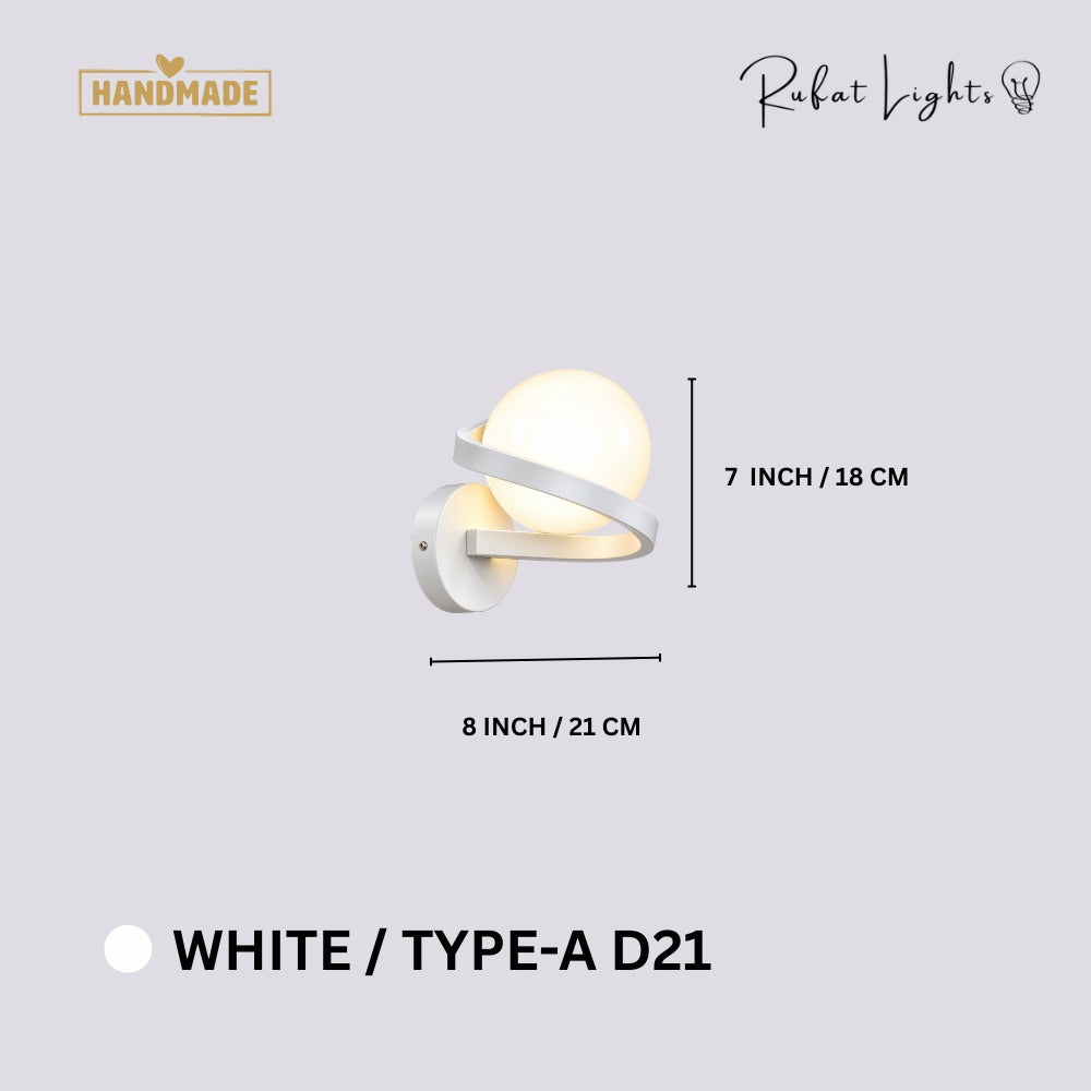 Modern Iron Spiral Line Ball Wall Light White Type-A D21 dimensions: 8 in (21 cm) wide, 7 in (18 cm) high