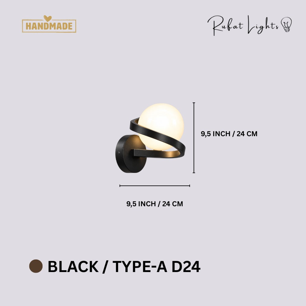 Modern Iron Spiral Line Ball Wall Light Black Type-A D24 dimensions: 9.5 in (24 cm) wide, 9.5 in (24 cm) high