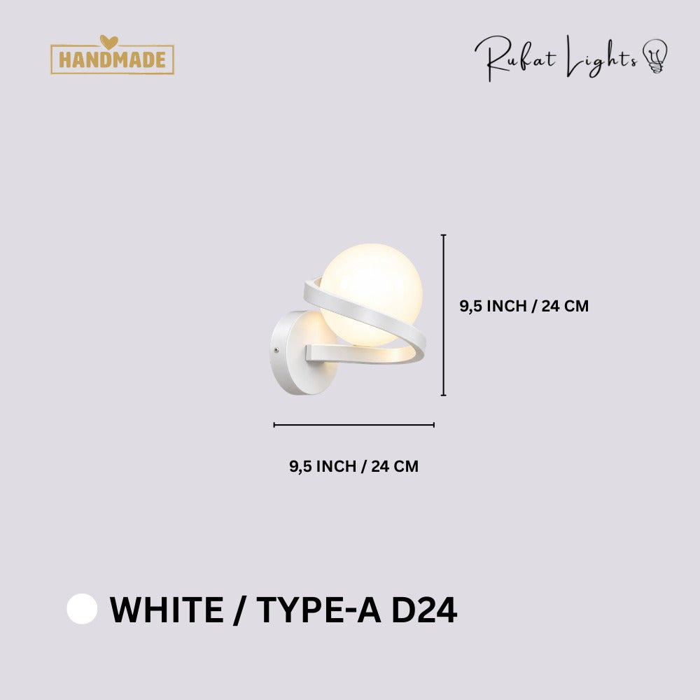 Modern Iron Spiral Line Ball Wall Light White Type-A D24 dimensions: 9.5 in (24 cm) wide, 9.5 in (24 cm) high