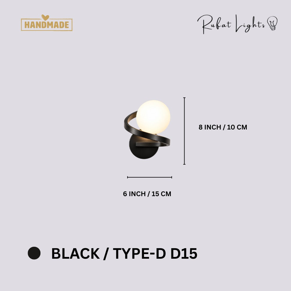 Modern Iron Spiral Line Ball Wall Light Black Type-B D15 dimensions: 6 in (15 cm) wide, 8 in (20 cm) high