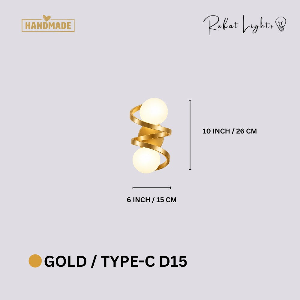 Modern Iron Spiral Line Ball Wall Light Gold Type-C D15 dimensions: 6 in (15 cm) wide, 10 in (26 cm) high
