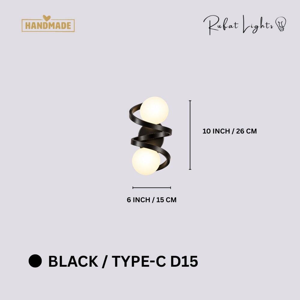 Modern Iron Spiral Line Ball Wall Light Black Type-C D15 dimensions: 6 in (15 cm) wide, 10 in (26 cm) high