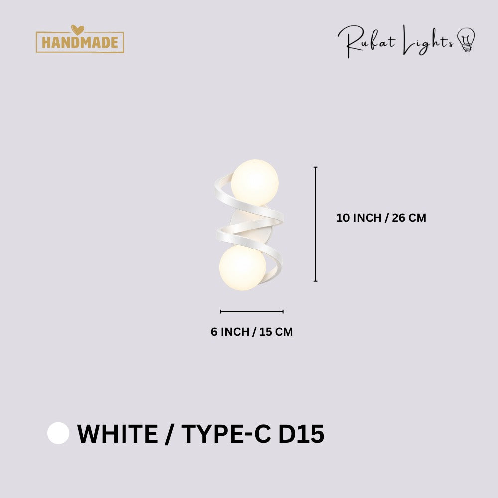 Modern Iron Spiral Line Ball Wall Light White Type-C D15 dimensions: 6 in (15 cm) wide, 10 in (26 cm) high